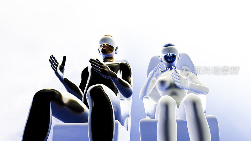 女性和男性虚拟化身坐在白色的椅子上，戴着虚拟现实面具。