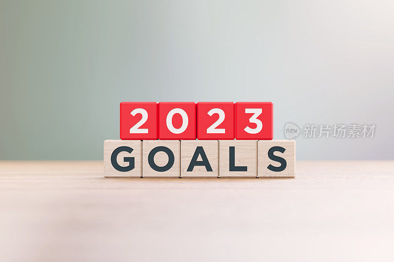 “2023目标”写红木块坐在木表面前散焦背景