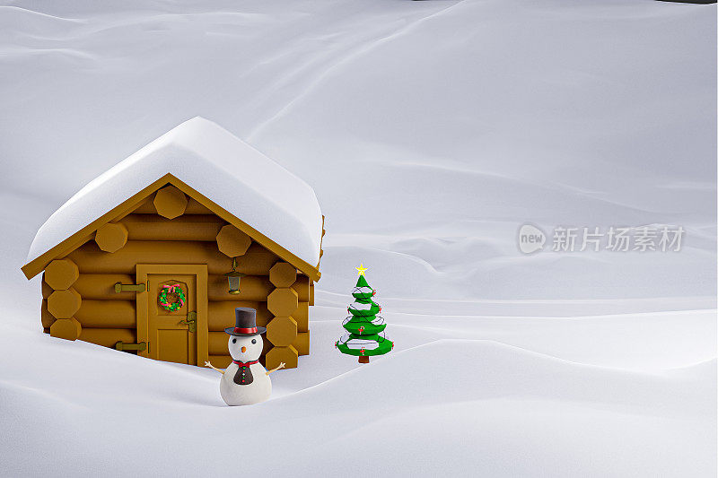 2023年新年贺卡上有小屋、松树和雪上的礼盒