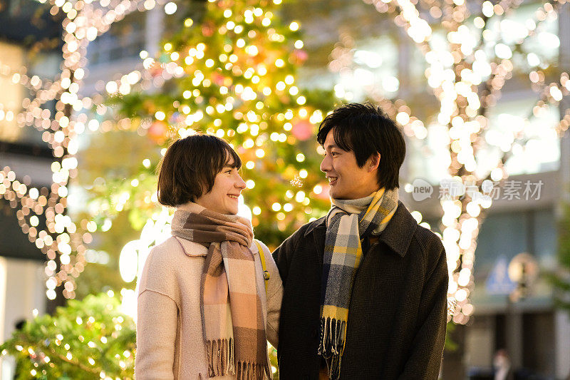 年轻夫妇在圣诞树前的肖像