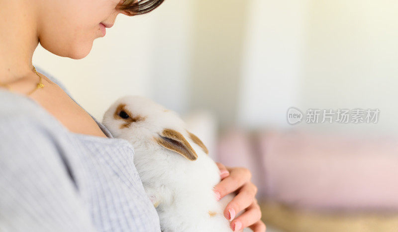 妇女们拥抱着一只柔软的白色和棕色的兔子
