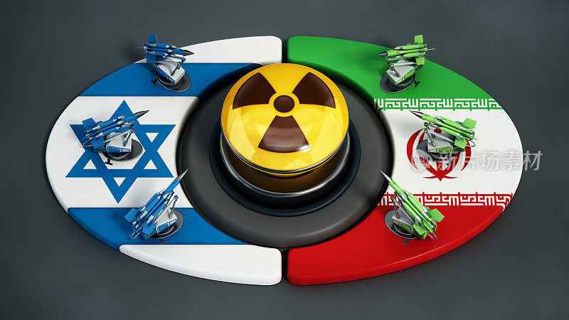 以色列和伊朗之间的紧张局势不断升级。导弹上以色列和伊朗国旗两侧的黄色按钮上有辐射标志