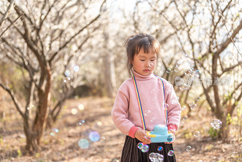 一个小女孩在森林里走，手里拿着一个玩具