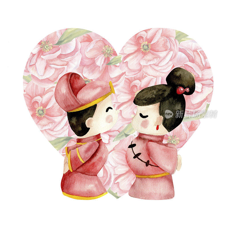 水彩情人节插图。中国，韩国新娘和新郎的玩具在红色礼服花卉牡丹心形的背景。情侣卡、婚礼、请柬的安排设计