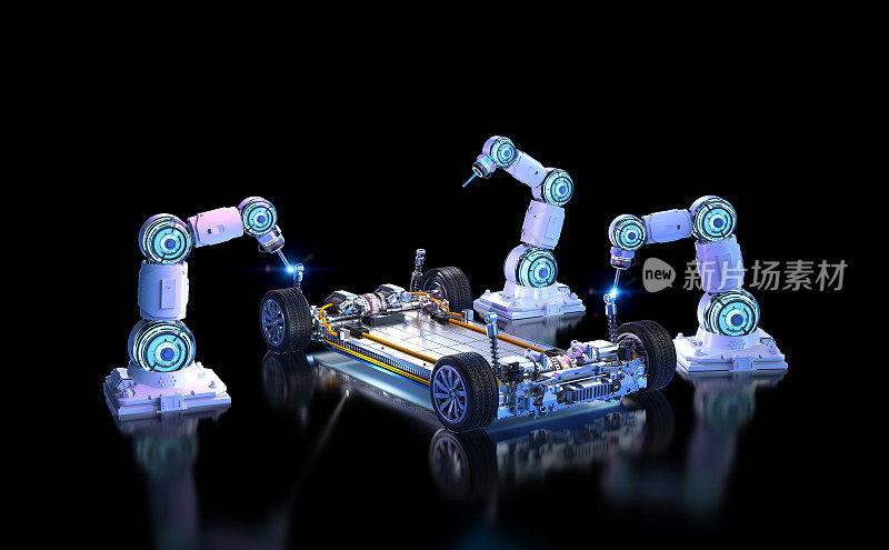 自动化汽车工厂概念，机器人装配线与电动汽车电池模块的平台