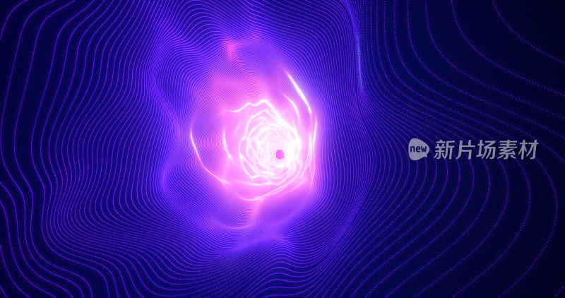 抽象的紫色能量隧道由线条和微粒点组成，隧道发光发亮，高科技前卫，背景抽象