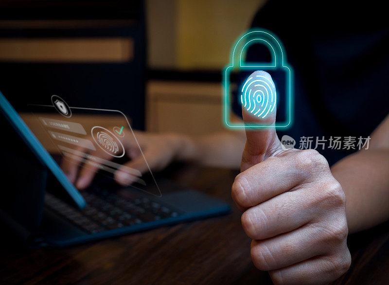 蓝色指纹扫描与锁定图标在虚拟屏幕上，而手指扫描安全访问与生物识别登录。网络安全、隐私数据保护技术理念。
