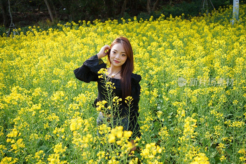 女游客在黄花的海洋