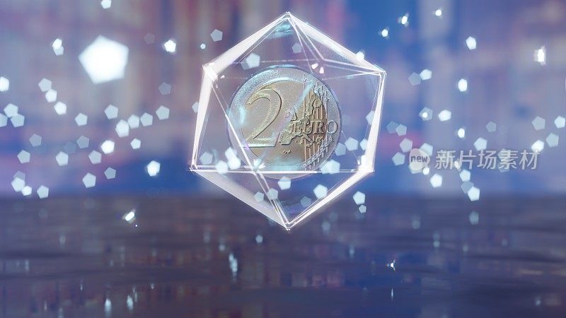 在一个透明的玻璃立方体上旋转欧元硬币，三维循环动画的几何背景场景。