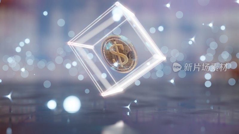 在一个透明的玻璃立方体上旋转硬币，三维动画循环几何背景场景。