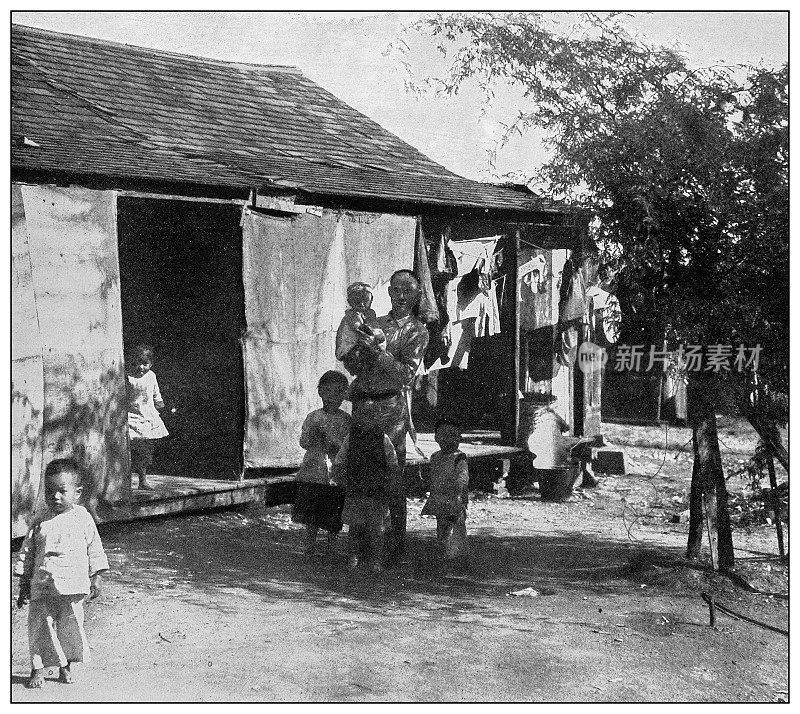 古董黑白照片:中国农民和孩子，夏威夷
