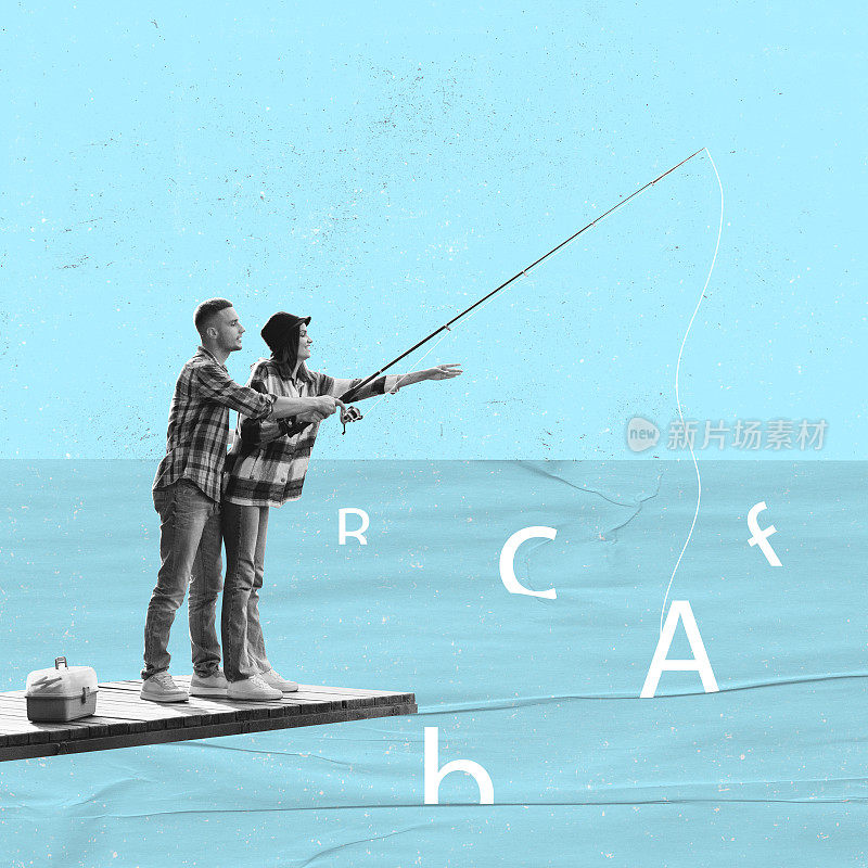 当代艺术拼贴画的年轻夫妇站在湖码头钓鱼，卡信孤立在蓝色背景