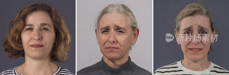 不同老年妇女的忧虑表情。在摄影棚拍摄人像。面部的消极情绪状态，如悲伤和悲观。