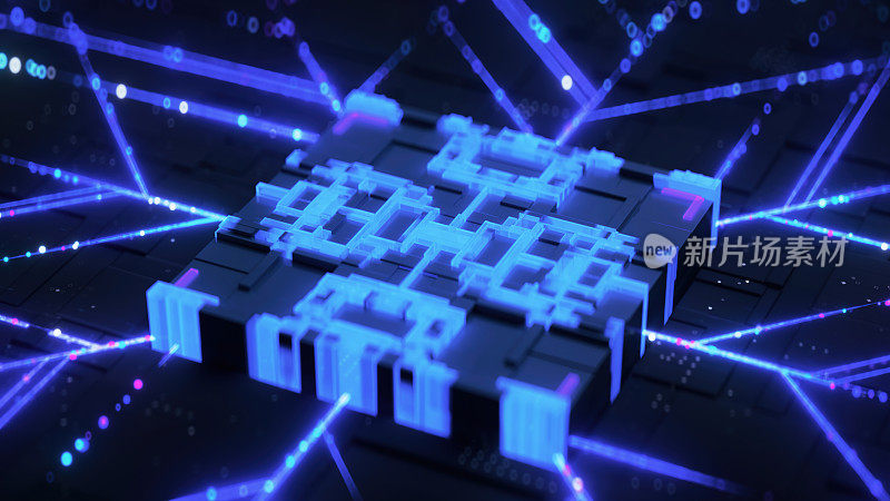 逼真的3D渲染霓虹蓝色cpu未来人工智能概念。