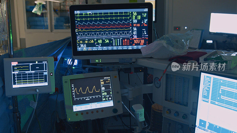 医院里监测生命体征的医疗设备。这种医疗设备可以监测医院病人的心率、氧含量和血压。呼吸机