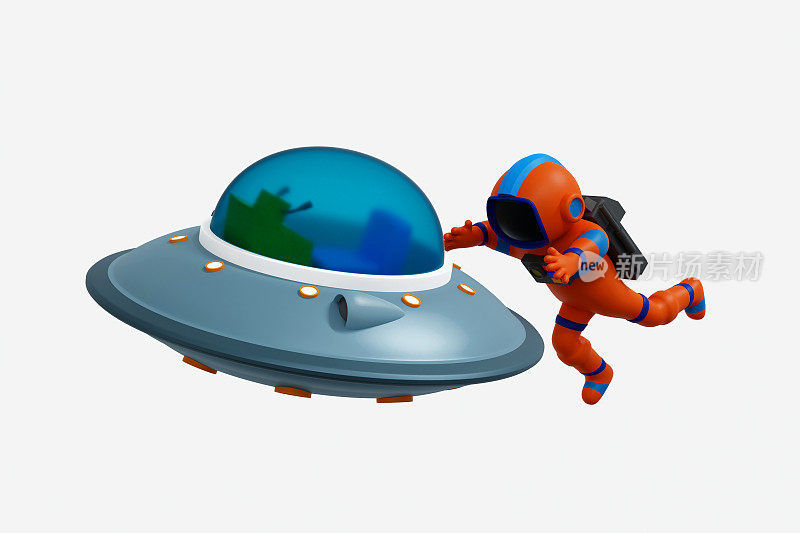 宇航员漂浮在太空捕捉UFO，太空冒险，3D渲染。