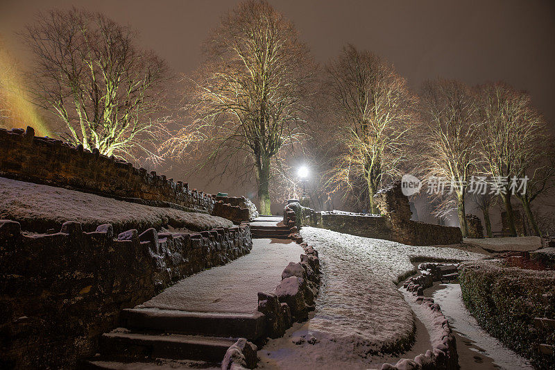 英国约克郡北部历史小镇纳雷斯伯勒的雪景