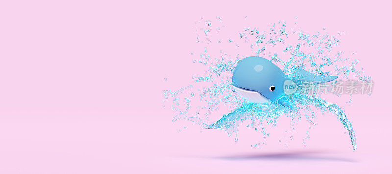 3d蓝色充气鲸鱼与水飞溅，复制空间隔离在粉红色的背景。夏季旅游概念，3d渲染插图