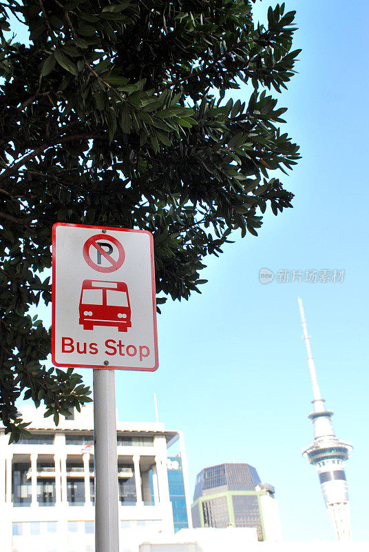 带有新西兰奥克兰城市景观背景的公交车站标志