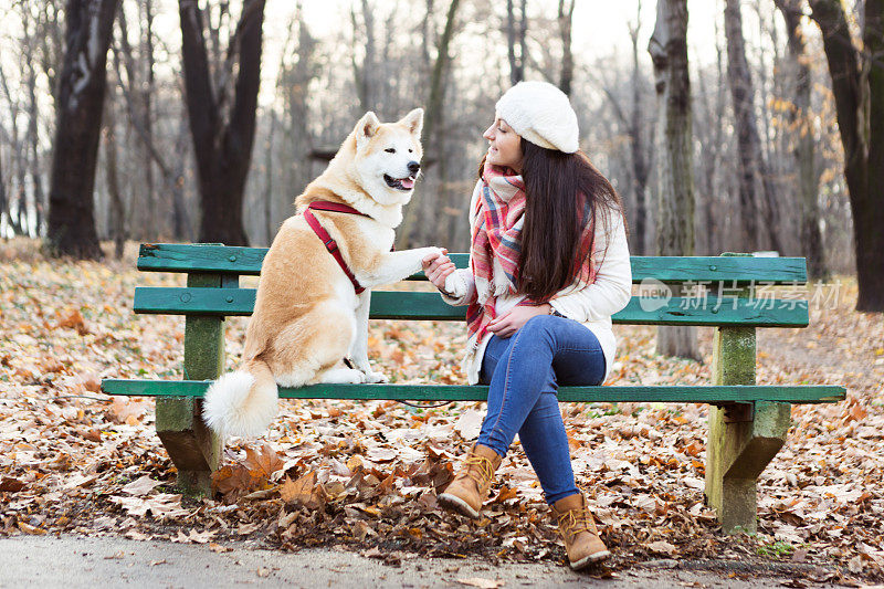 女孩和她的狗在公园的长椅上