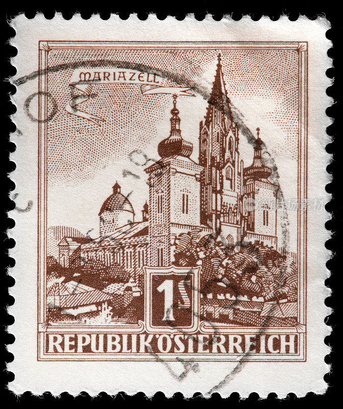 历史上的奥地利教堂绘于奥地利邮票，棕褐色色调