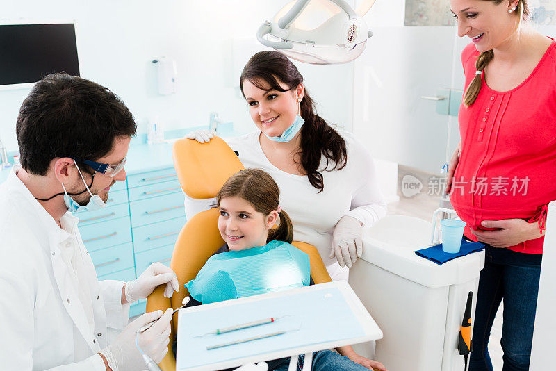 牙科医生为儿童和母亲进行牙科治疗