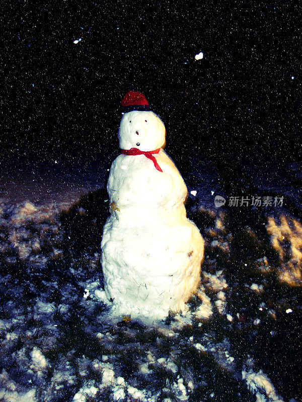 夜雪人与红帽子和围巾雪花飘落