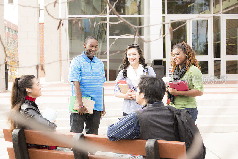 教育:多民族大学生在校园交谈。