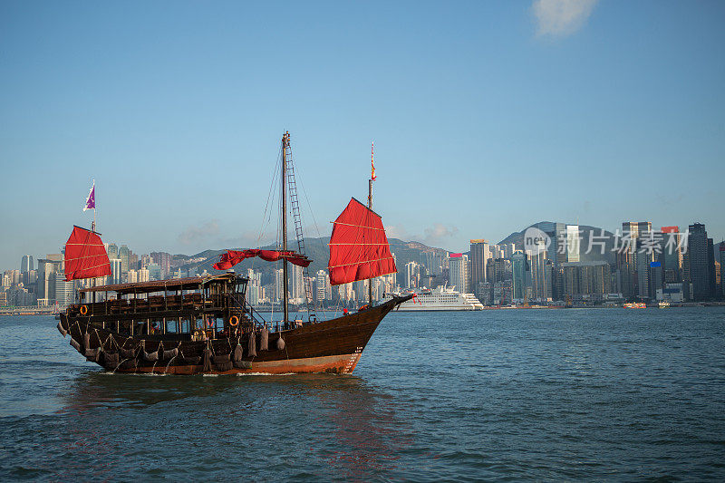 穿过香港维多利亚港的传统中国舢板