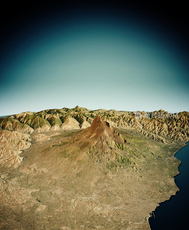 埃特纳火山3D渲染卫星视图地形图垂直