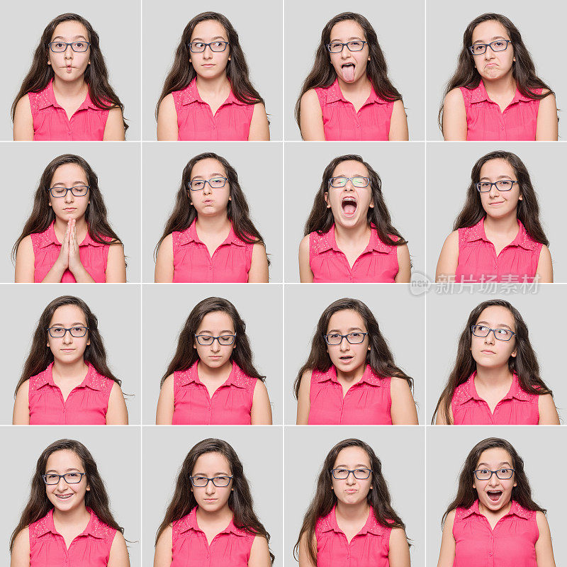 14岁的小女孩做出不同的面部表情