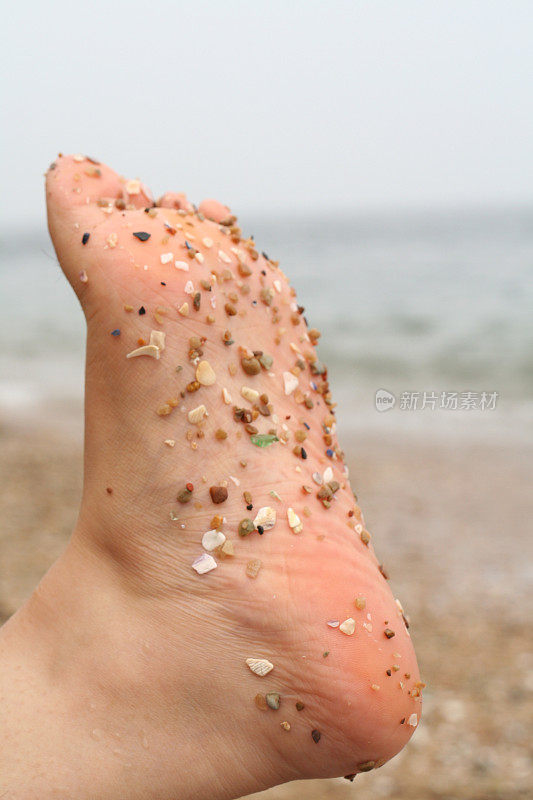 脚踩在沙滩上的沙子和石头上