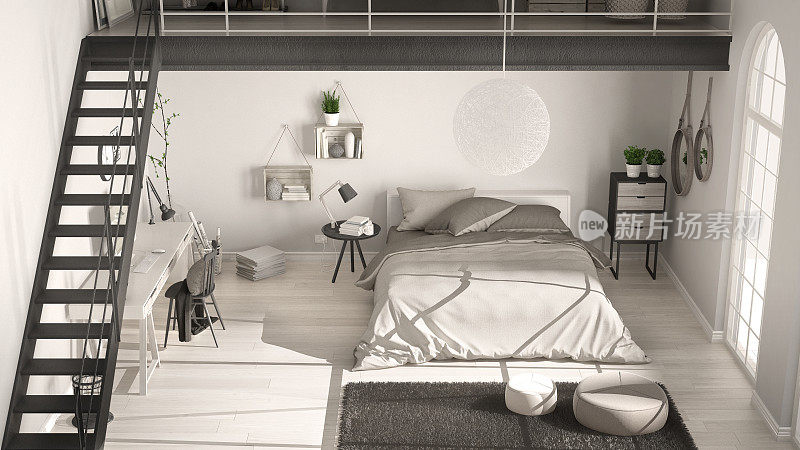 斯堪的纳维亚白色极简阁楼卧室，俯视图，经典的室内设计