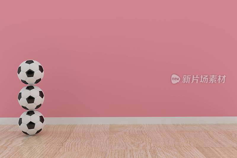 足球在粉红色的儿童房间在3D渲染