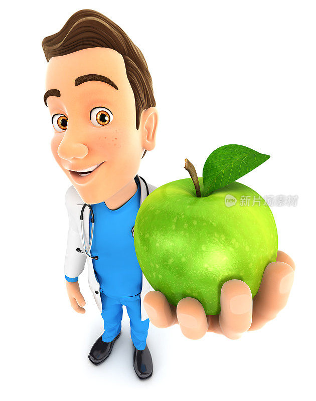 3d医生拿着青苹果