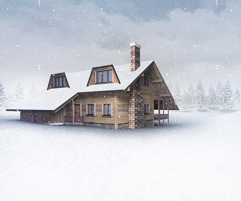 季节性的木屋在冬天下雪