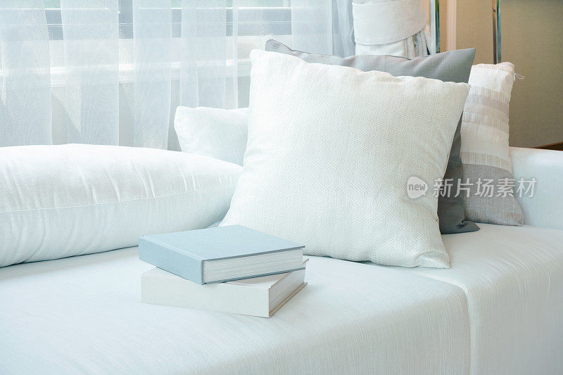 白色的枕头和书设置在白色的沙发在现代客厅
