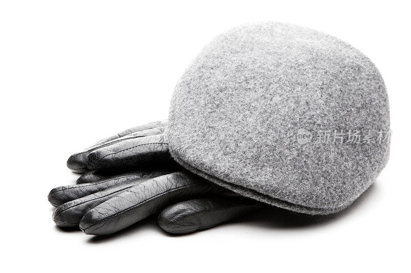 粗花呢灰色帽子，黑色皮手套，白色背景