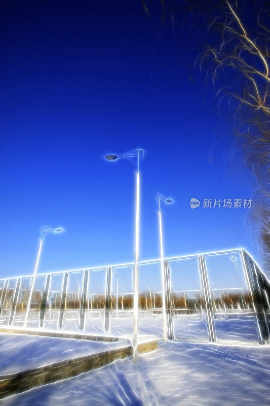 公园网球场里的雪，电脑生成的图像，特写照片