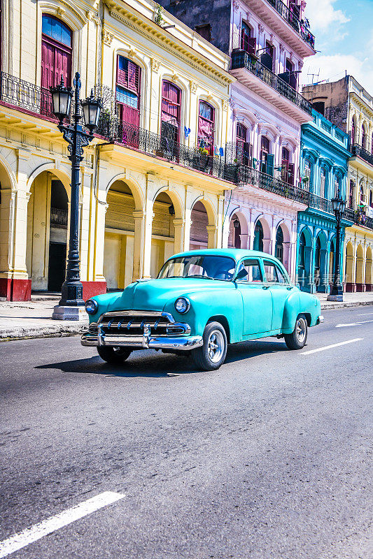 古巴哈瓦那，一辆美丽的老爷车驶过炎热的街道