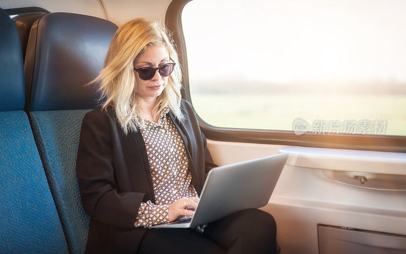 女商人在火车上使用笔记本电脑