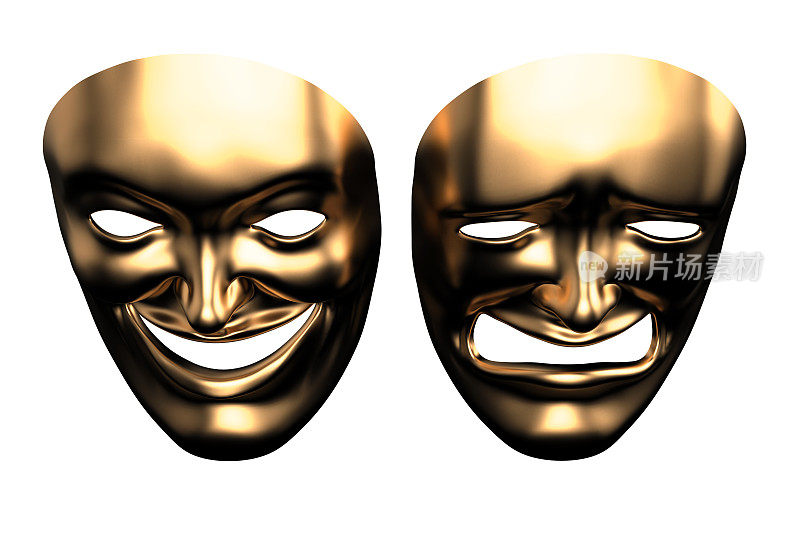 3d渲染黄金戏剧和喜剧面具孤立的剪辑面具在白色股票照片