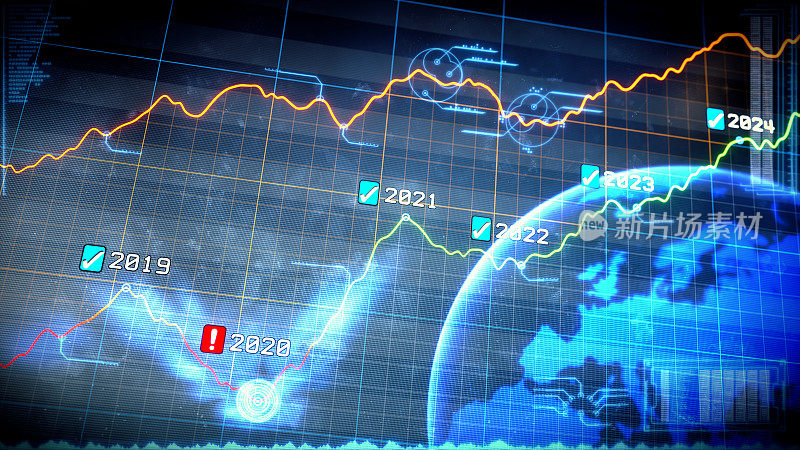 未来几年的多色线形设计分析性能结果与蓝色抽象HUD信息图覆盖和世界地图