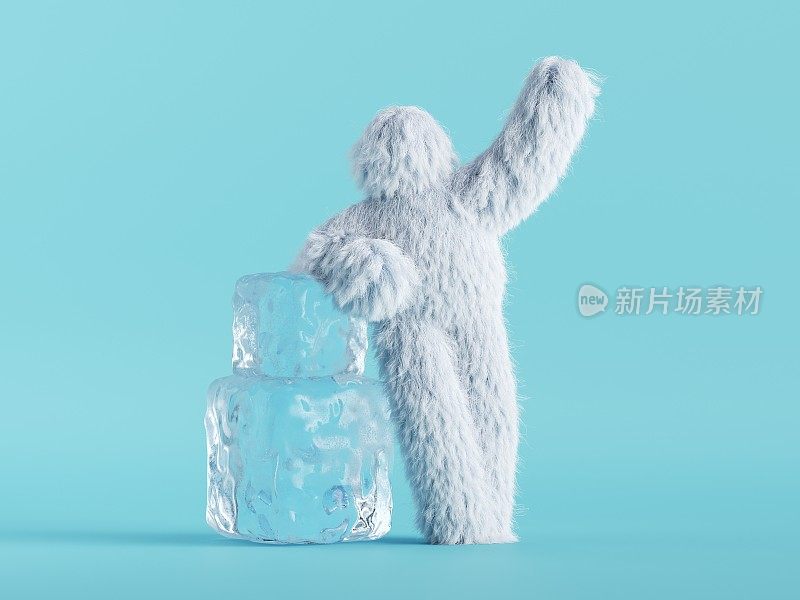 3d渲染，白色毛茸茸的雪人站在大冰块附近，大脚卡通人物。冬季剪辑艺术孤立在薄荷蓝色背景