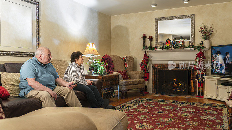 这对老夫妇坐在客厅壁炉前的沙发上，一起看电视屏幕上的家庭圣诞照片。丈夫用遥控器切换频道。