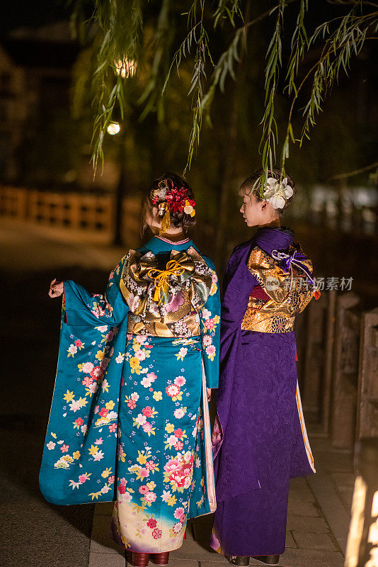 后视图的年轻妇女在“Furisode”和服站在传统的村庄晚上