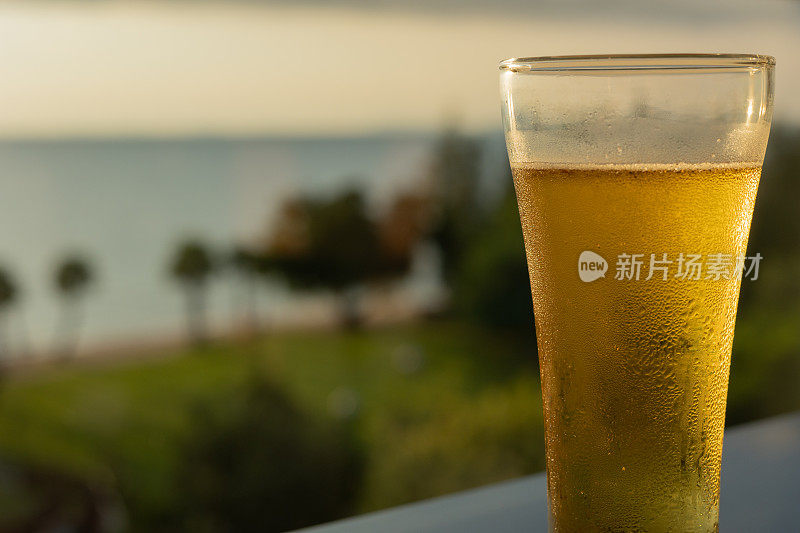 冷饮、贮藏啤酒或麦芽啤酒，夏日公园和户外树供假日聚会之用。近距离选择性聚焦金色饮品，清亮的玻璃杯沁人心魄，增添欢乐。