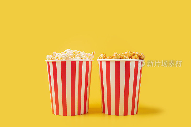 爆米花桶咸甜选择，电影院零食包，美味脆爽，黄色背景
