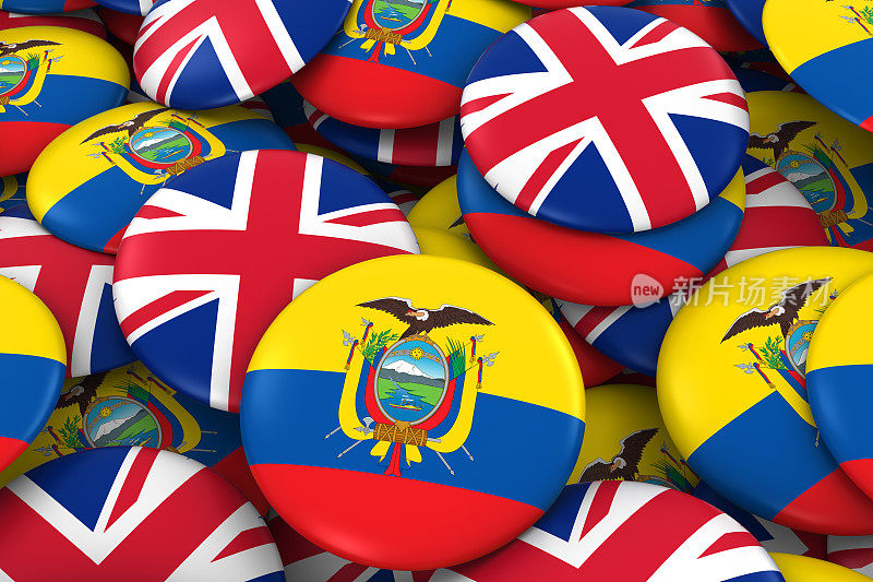 厄瓜多尔和英国国旗按钮堆3D插图