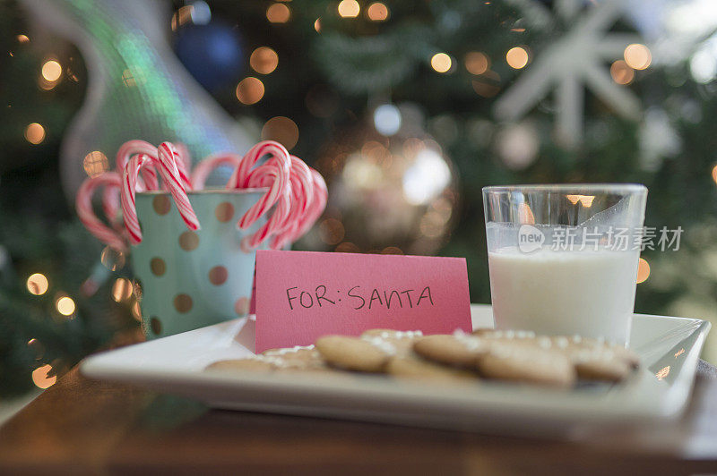圣诞树旁为圣诞老人准备了一盘饼干和牛奶
